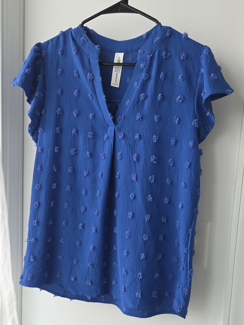 Women’s Blue Textured Dot V-Neck Short Sleeve Top